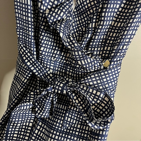 Elizabeth McKay Size 8 Scotland Dress Silk Wrap Navy White Ruffle Collar R16 - Picture 3 of 7